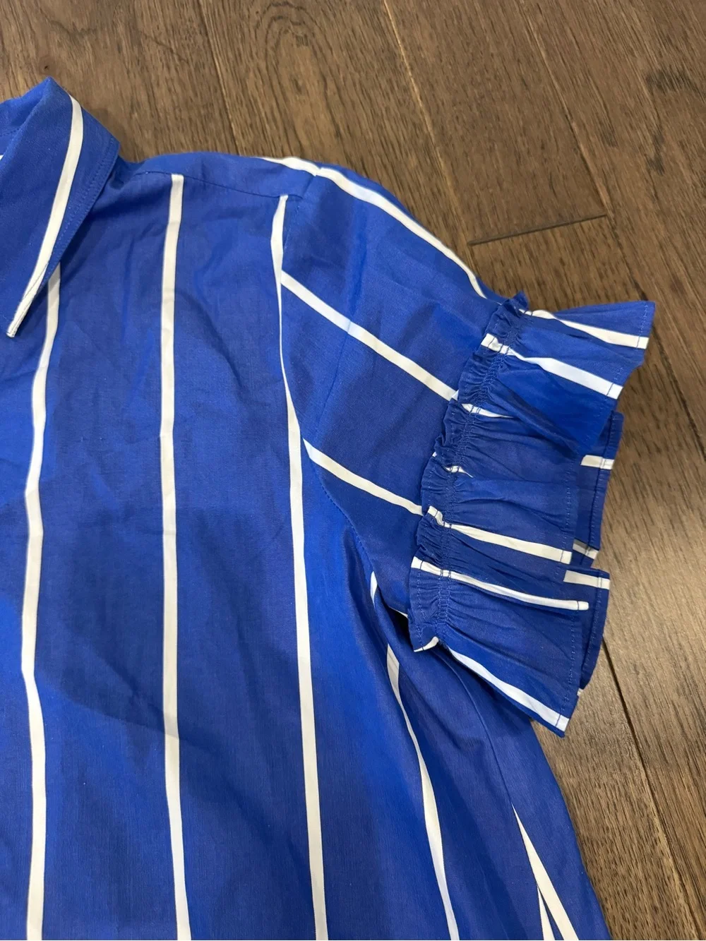 J. Crew “Amelia” Royal Blue & White Striped Button-Front Ruffle Dress